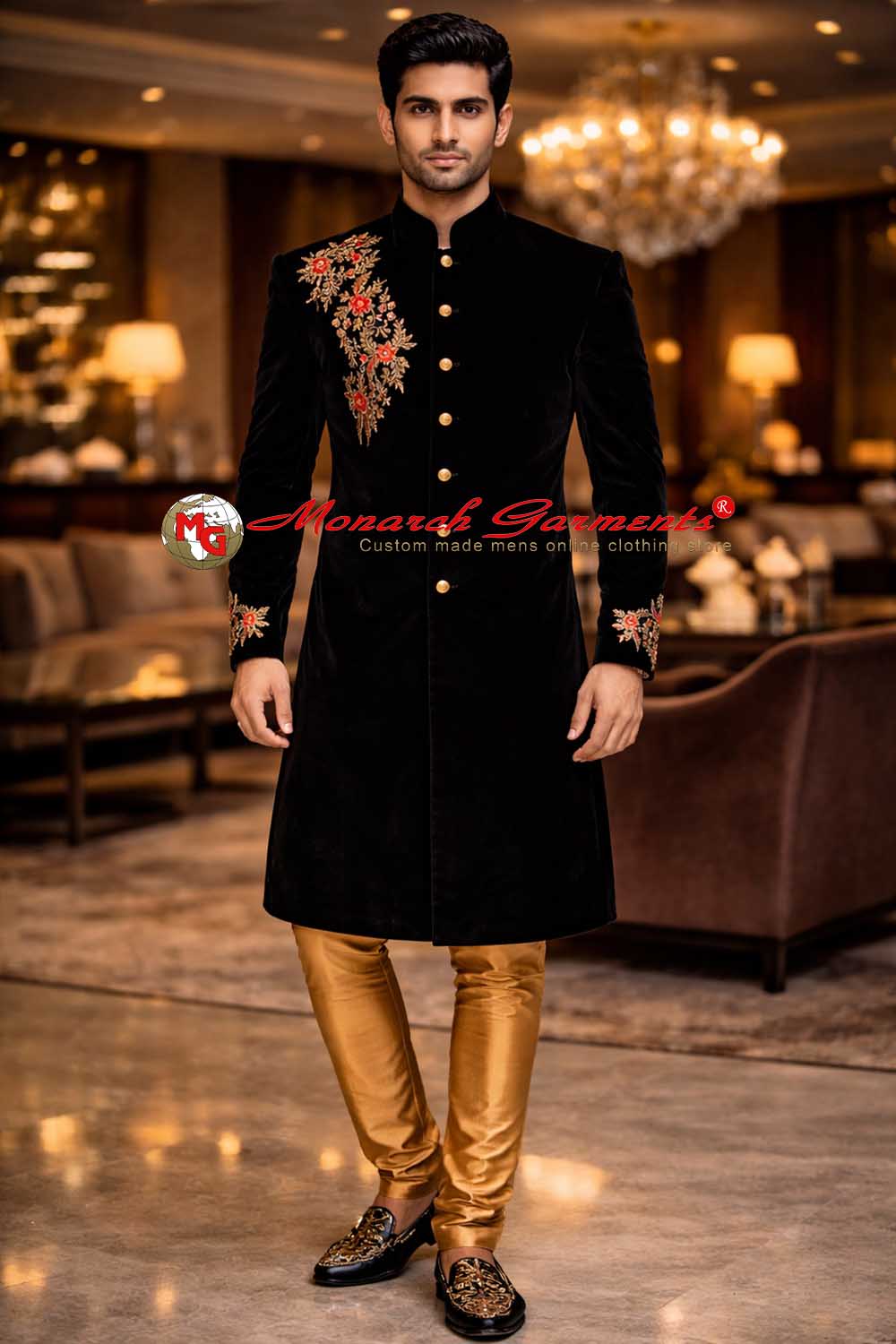 Men's black velvet floral embroidered wedding sherwani with golden churidar by Monarch Garments