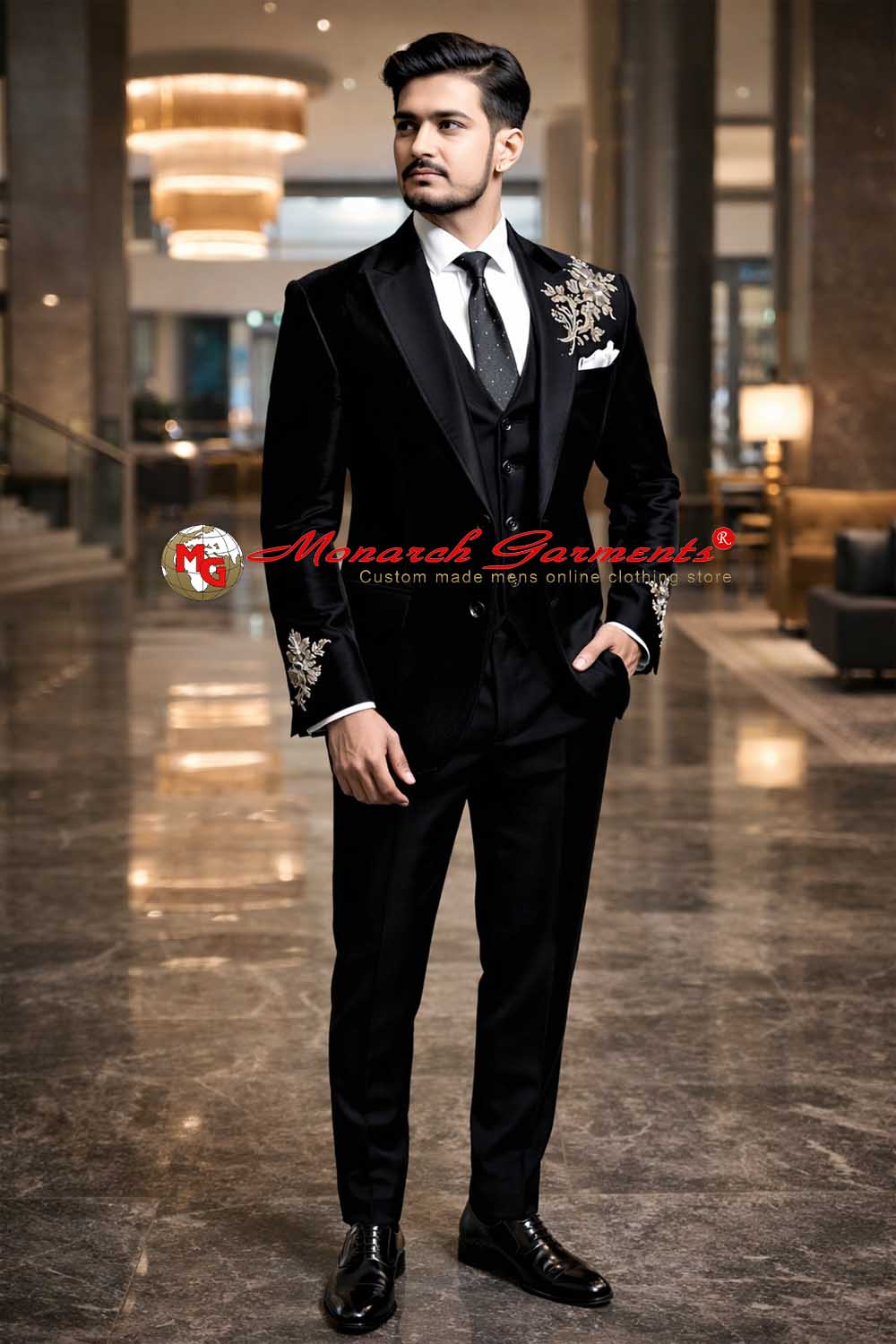 Black velvet embroidered tuxedo suit for men slim fit wedding wear India