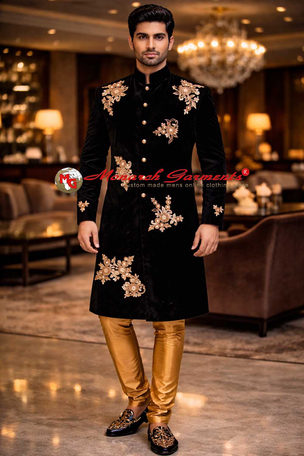 Men's black velvet heavy embroidered wedding sherwani with golden churidar by Monarch Garments