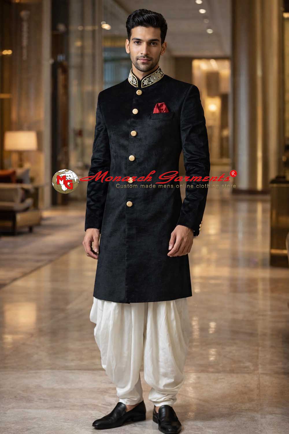 Black velvet Indo Western suit for men with embroidered collar and white salwar for wedding wear India