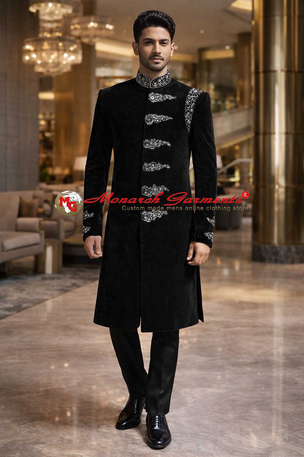 Black velvet Indo Western suit with embroidered Nehru collar for men wedding wear