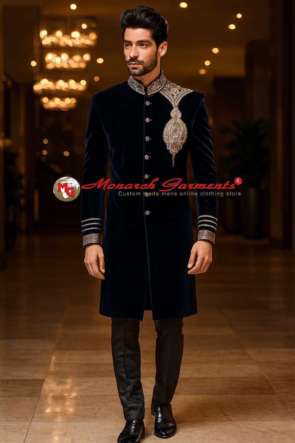 Black velvet Indo western sherwani for men with embroidery wedding wear