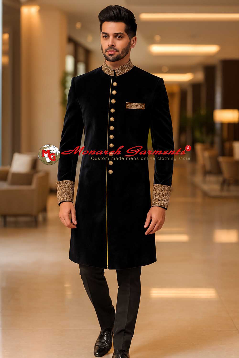 Black velvet Indo western sherwani for men with gold embroidery wedding wear