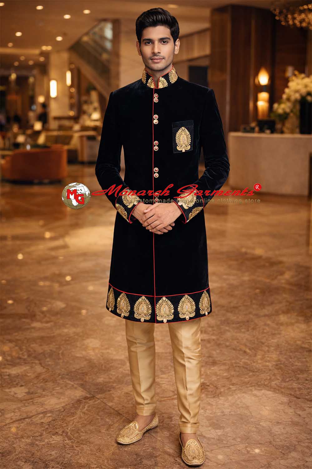 Black velvet Indo Western sherwani for men with gold embroidery and golden pajama wedding outfit India
