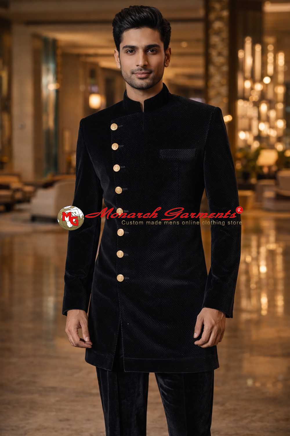 Black velvet Indo Western sherwani for men slim fit wedding outfit with matching salwar India