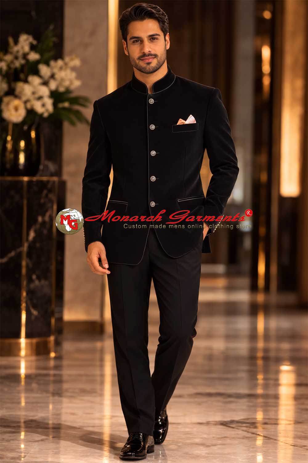 Black velvet Jodhpuri suit for men luxury bandhgala wedding outfit Monarch Garments