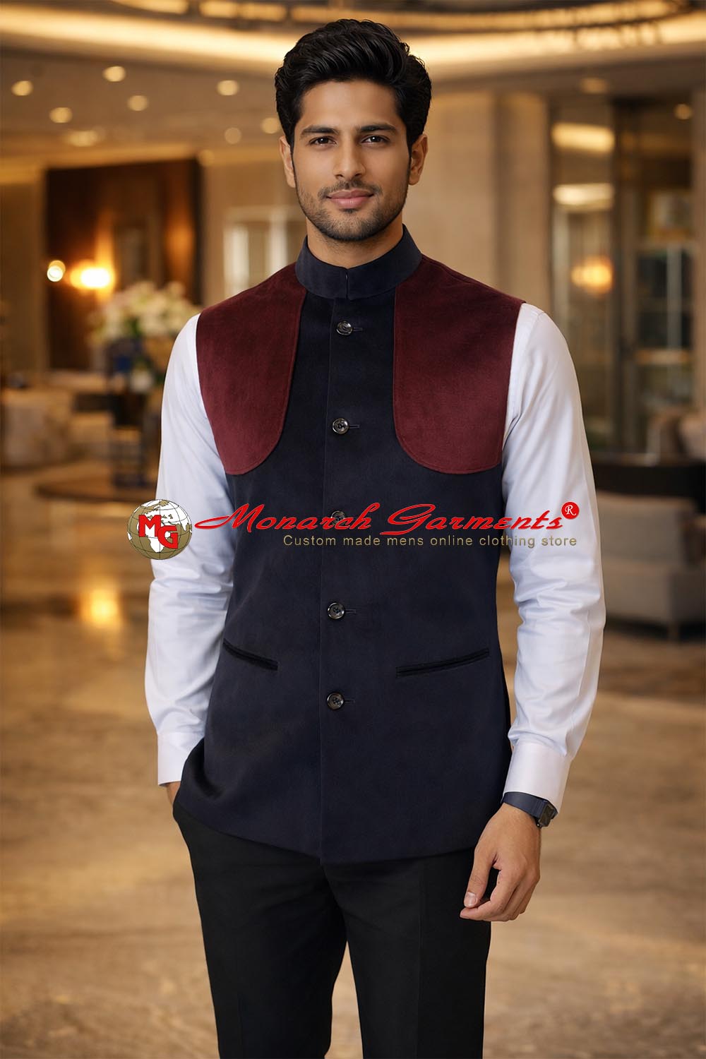 Black velvet Nehru vest for men slim fit designer waistcoat for weddings and evening events