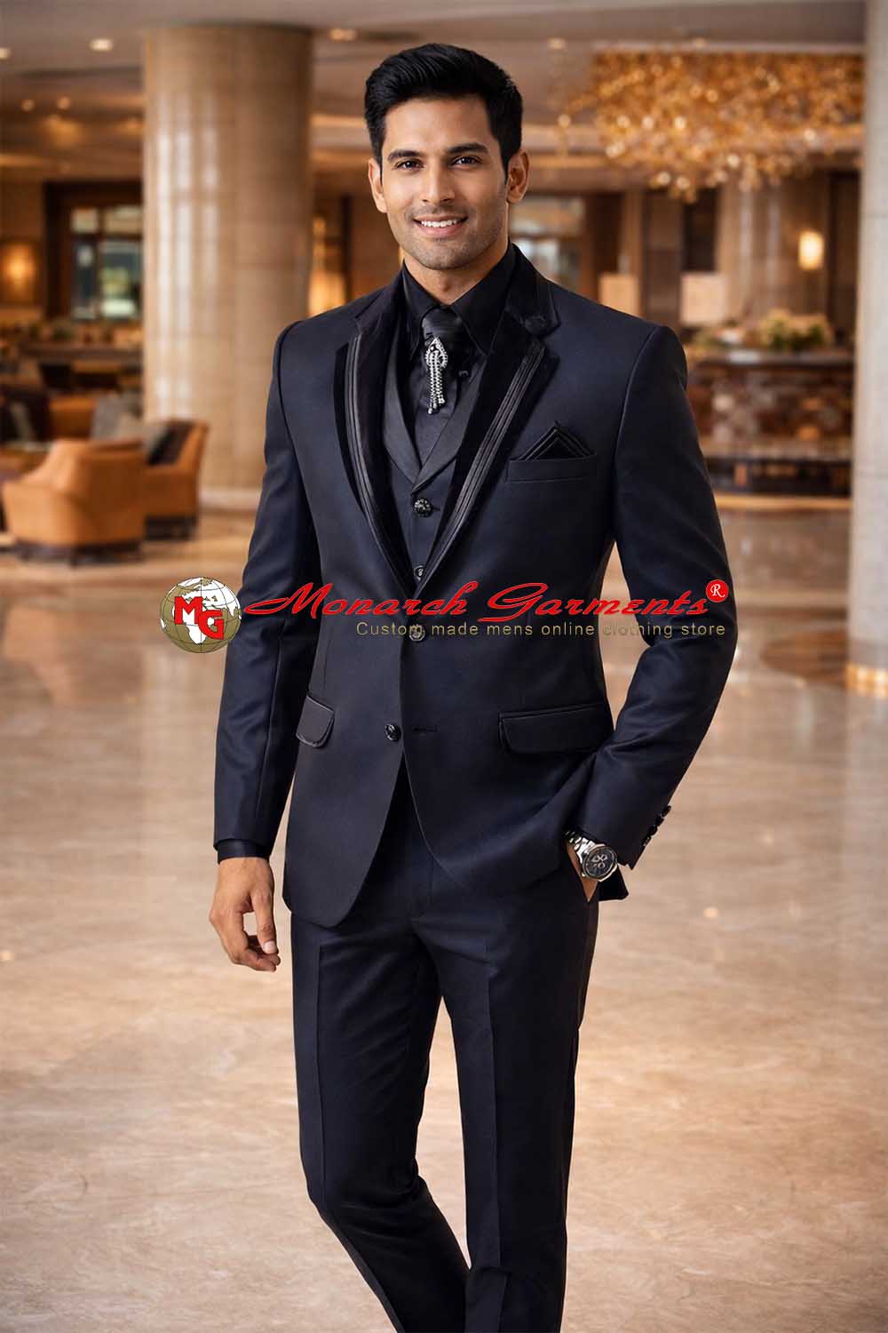 Black velvet tuxedo suit for men notch lapel slim fit wedding formal outfit