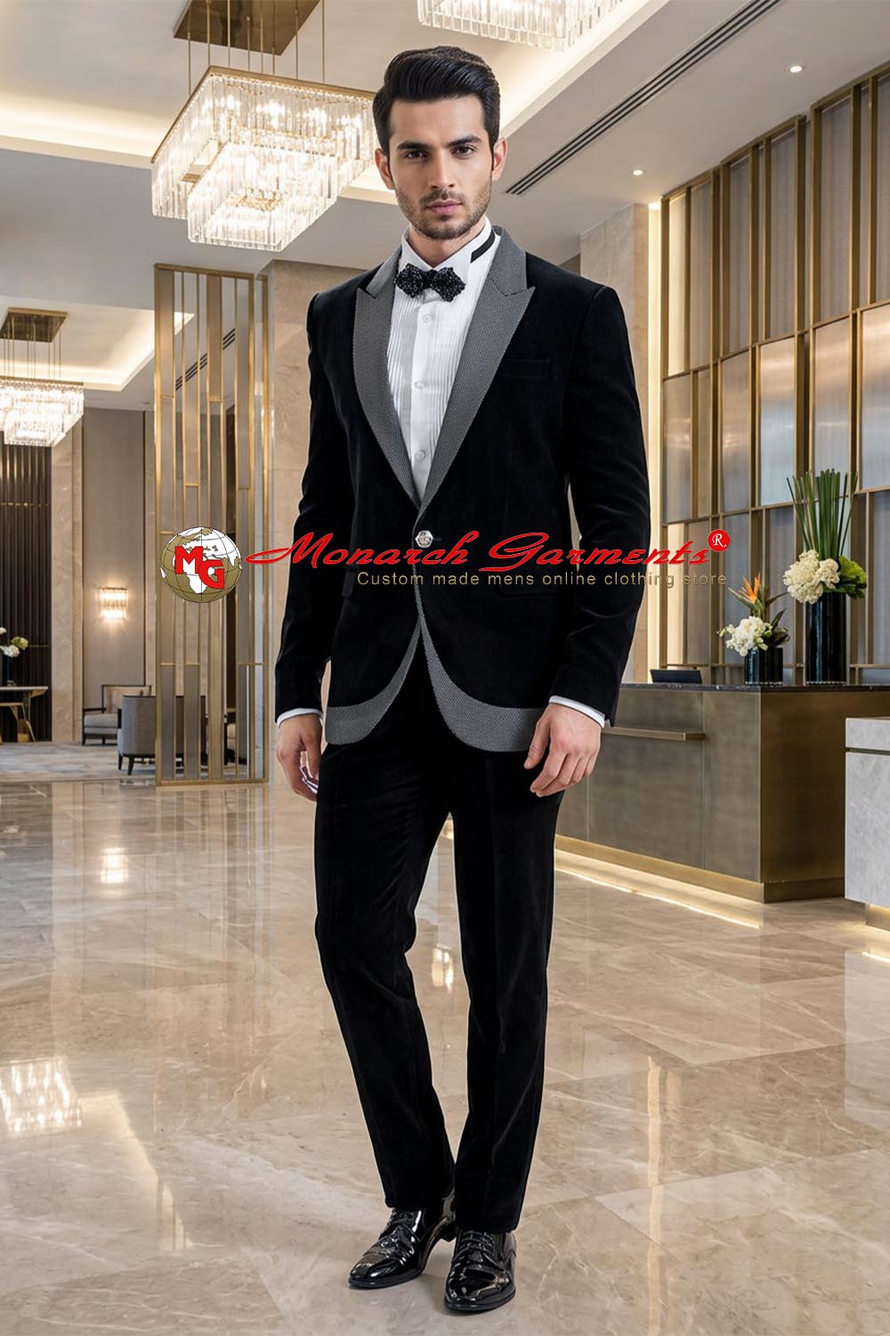 Black velvet slim fit blazer with designer peak lapel for men by Monarch Garments