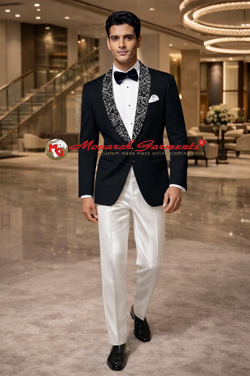Men’s black velvet slim fit blazer with satin shawl lapel for wedding and formal evening wear