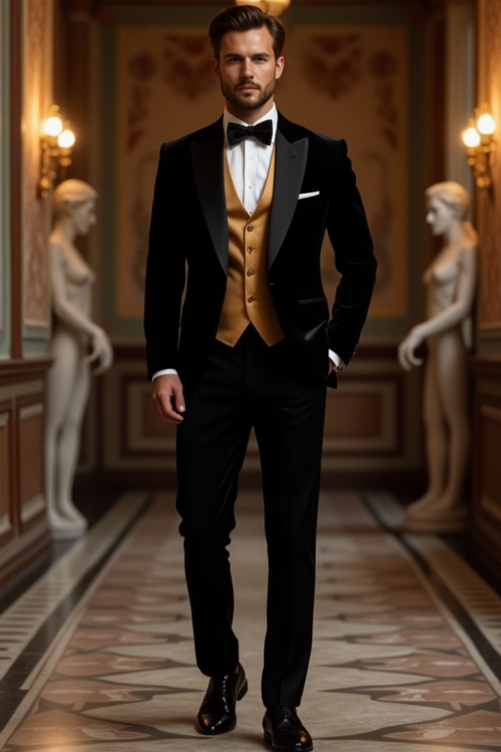 Black velvet tuxedo suit for men with gold waistcoat slim fit wedding wear India