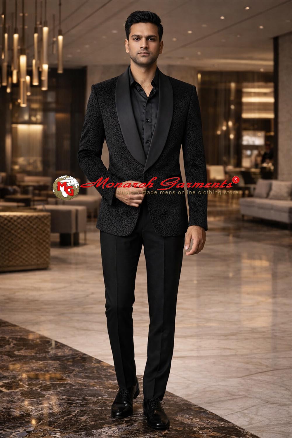 Black velvet tuxedo suit for men with satin shawl lapel and slim fit formal trousers
