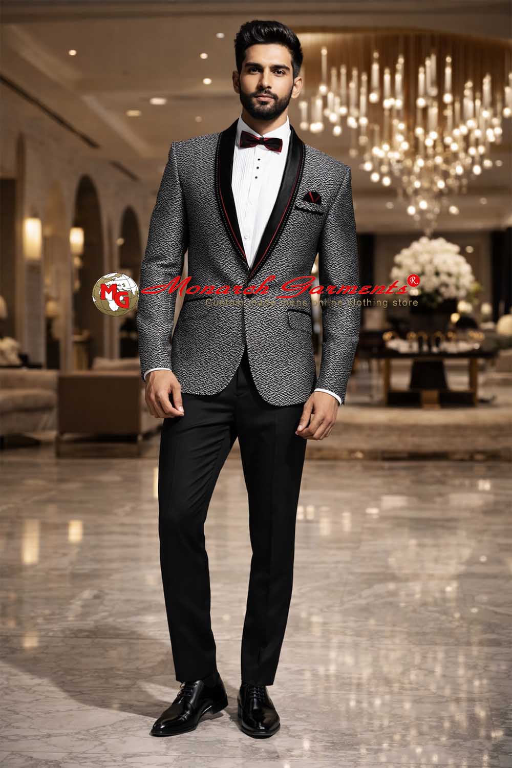 Men’s black white textured tuxedo suit with red piping shawl lapel slim fit