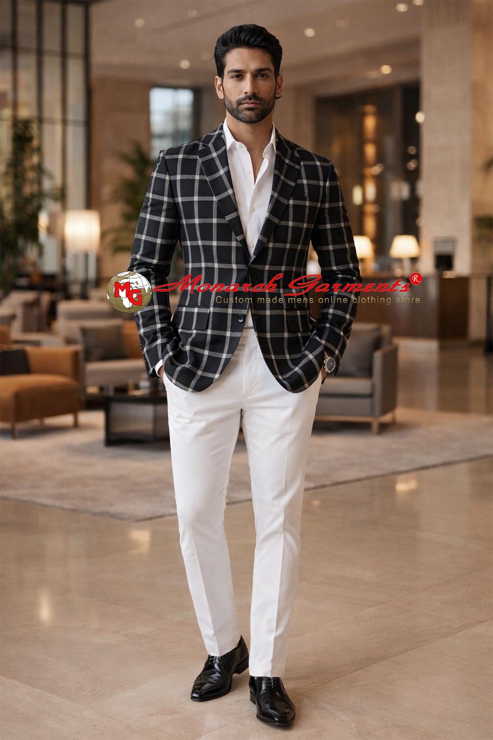 Men wearing black white windowpane check blazer with white trousers for formal and smart casual occasions