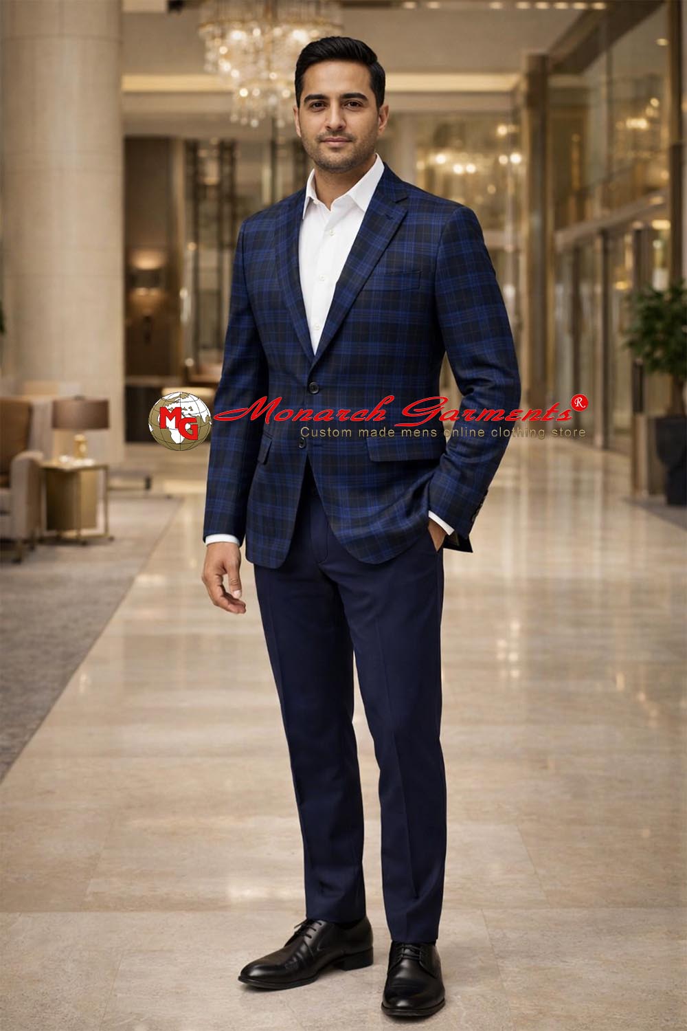 Men wearing blue black checkered blazer with white shirt and navy trousers for formal and smart casual occasions
