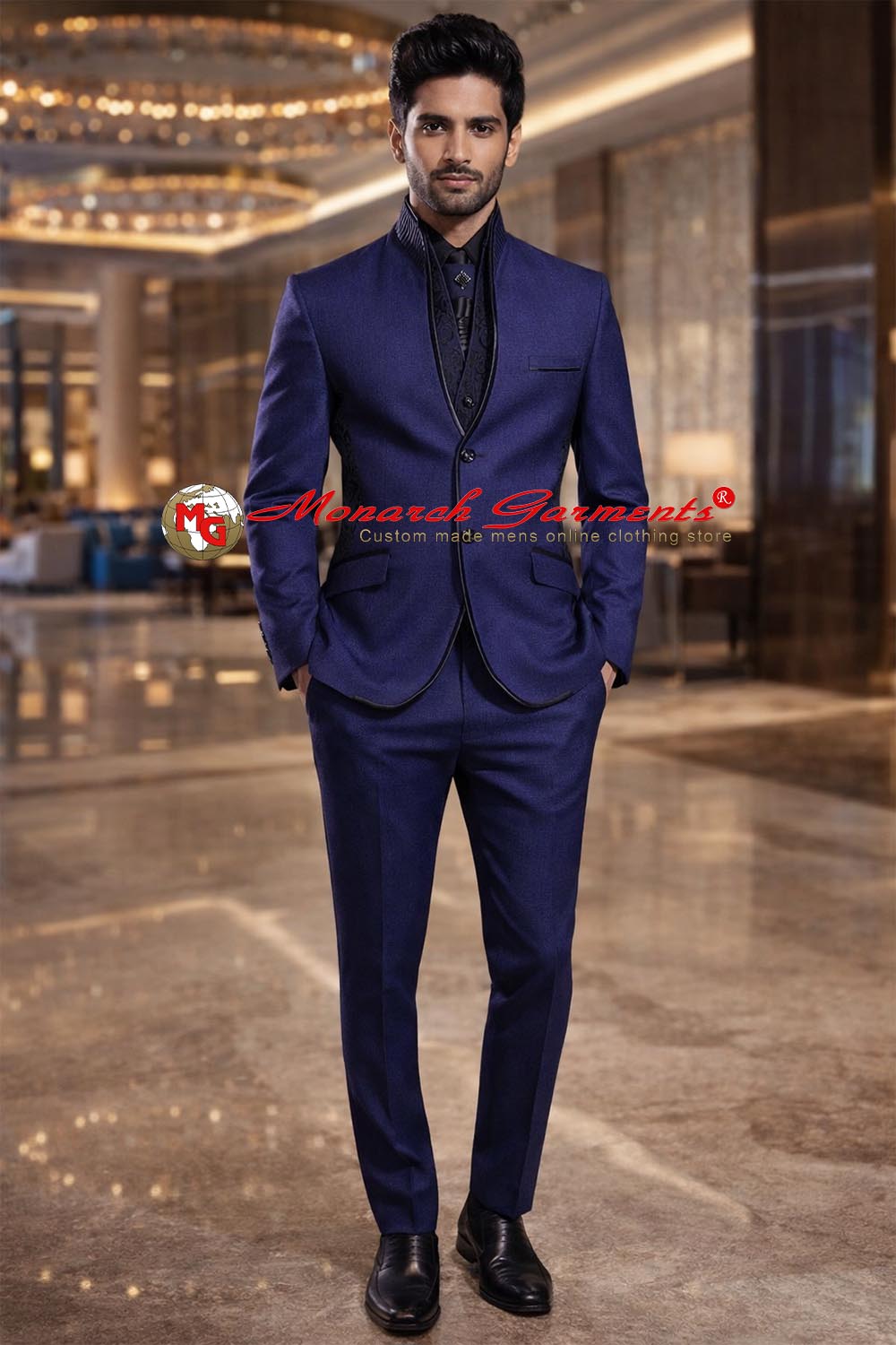 Blue Bollywood style Jodhpuri suit for men with brocade vest and tie by Monarch Garments India