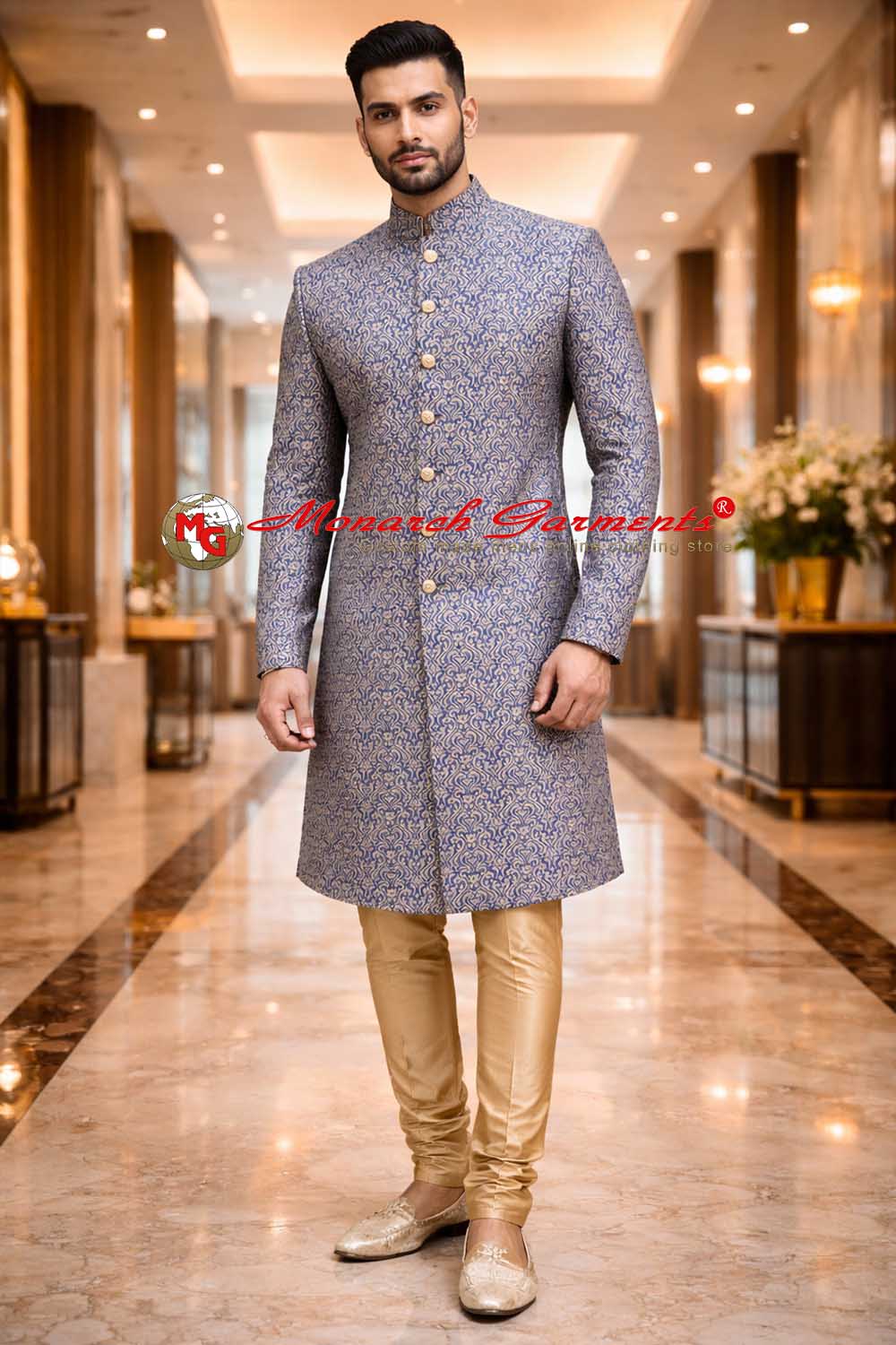 Men’s blue brocade 7 button sherwani with cream chudidar for Indian wedding wear