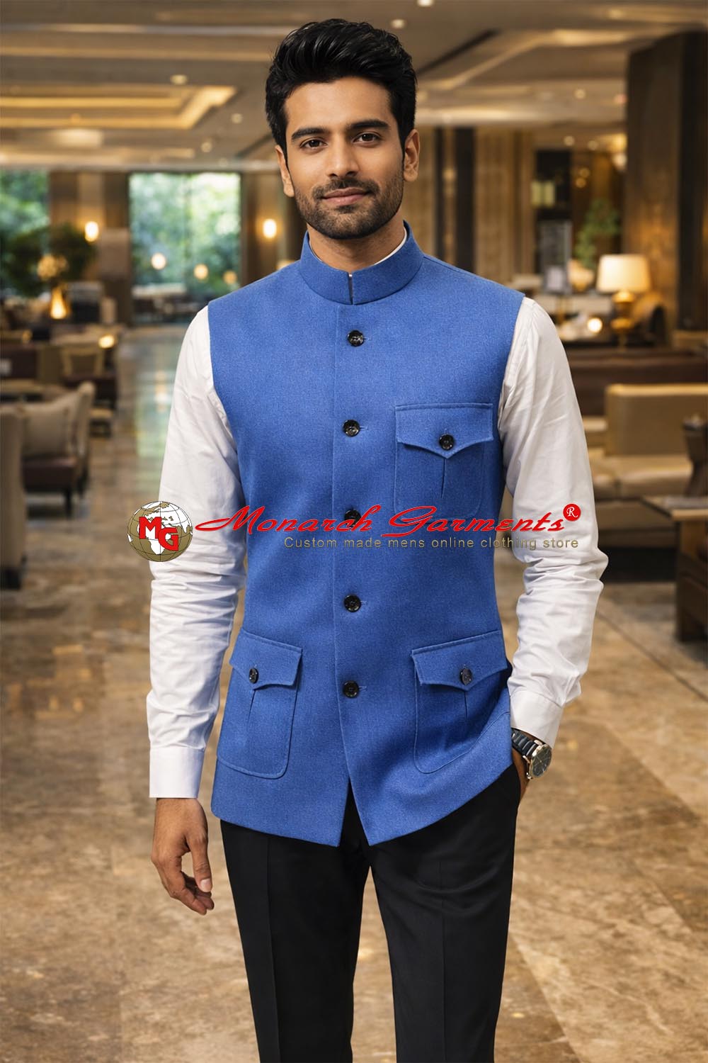 Blue denim Nehru vest for men tailored fit casual utility waistcoat with pockets