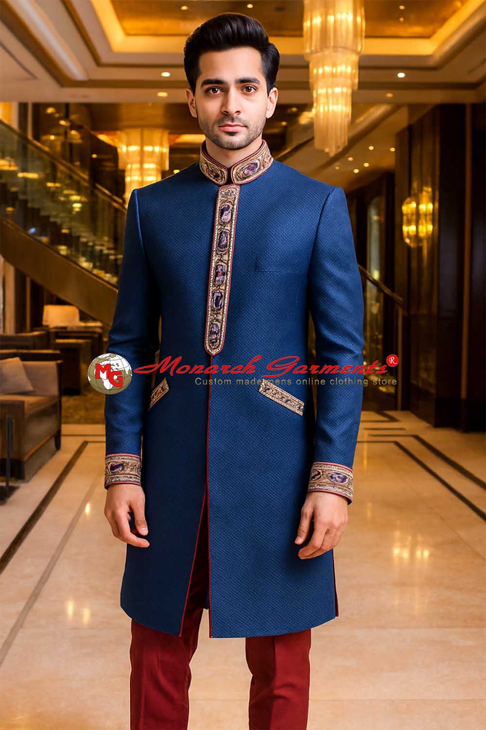 Blue embroidered Indo Western jacket for men with maroon piping jute fabric wedding wear slim fit