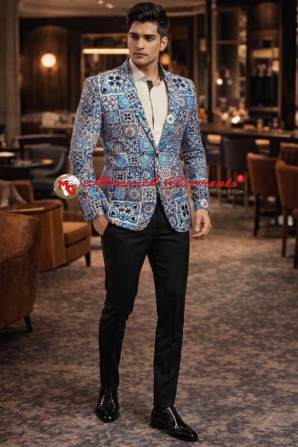 Men's blue ethnic pattern slim fit blazer by Monarch Garments