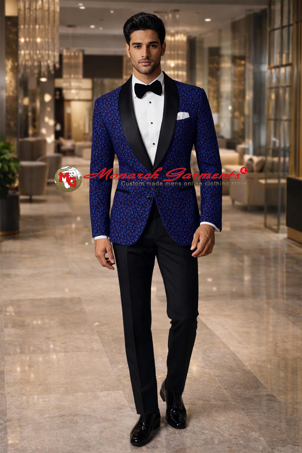 Men’s blue floral printed satin shawl lapel slim fit party blazer by Monarch Garments