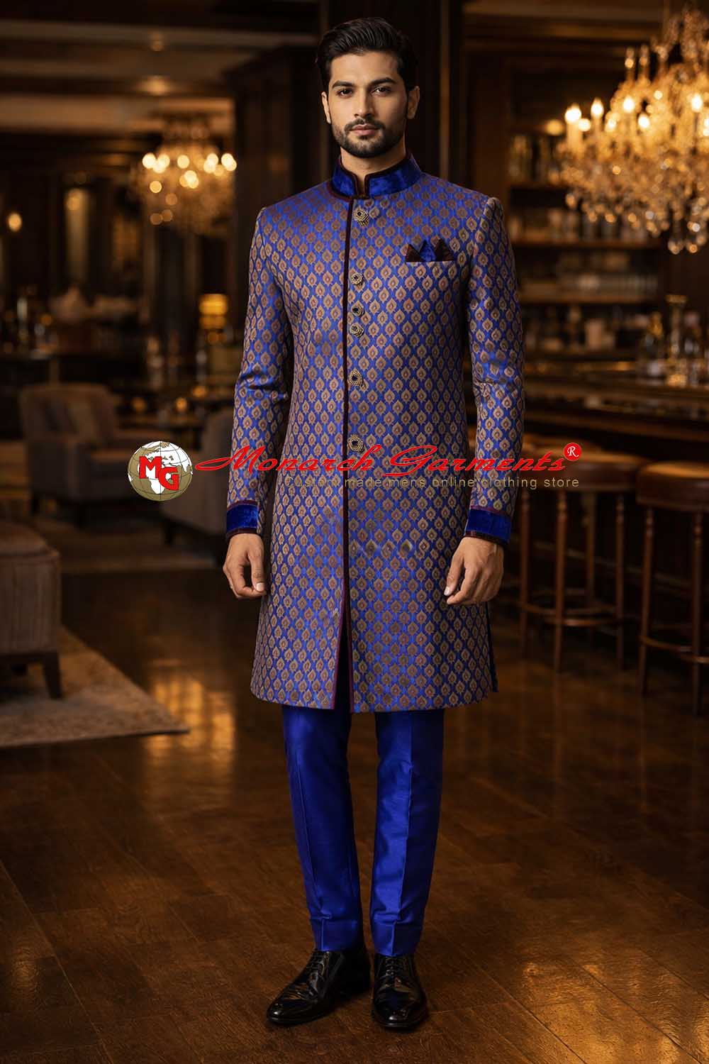 Blue and gold Indo Western sherwani for men with brocade fabric and pant for wedding wear India
