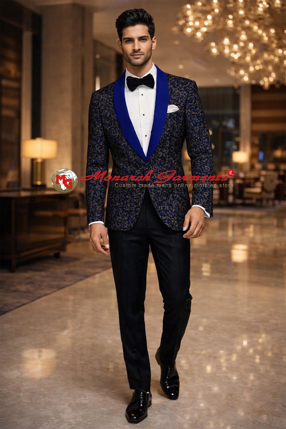 Men’s blue and gray paisley velvet slim fit blazer with royal blue satin shawl lapel for wedding reception and luxury evening wear