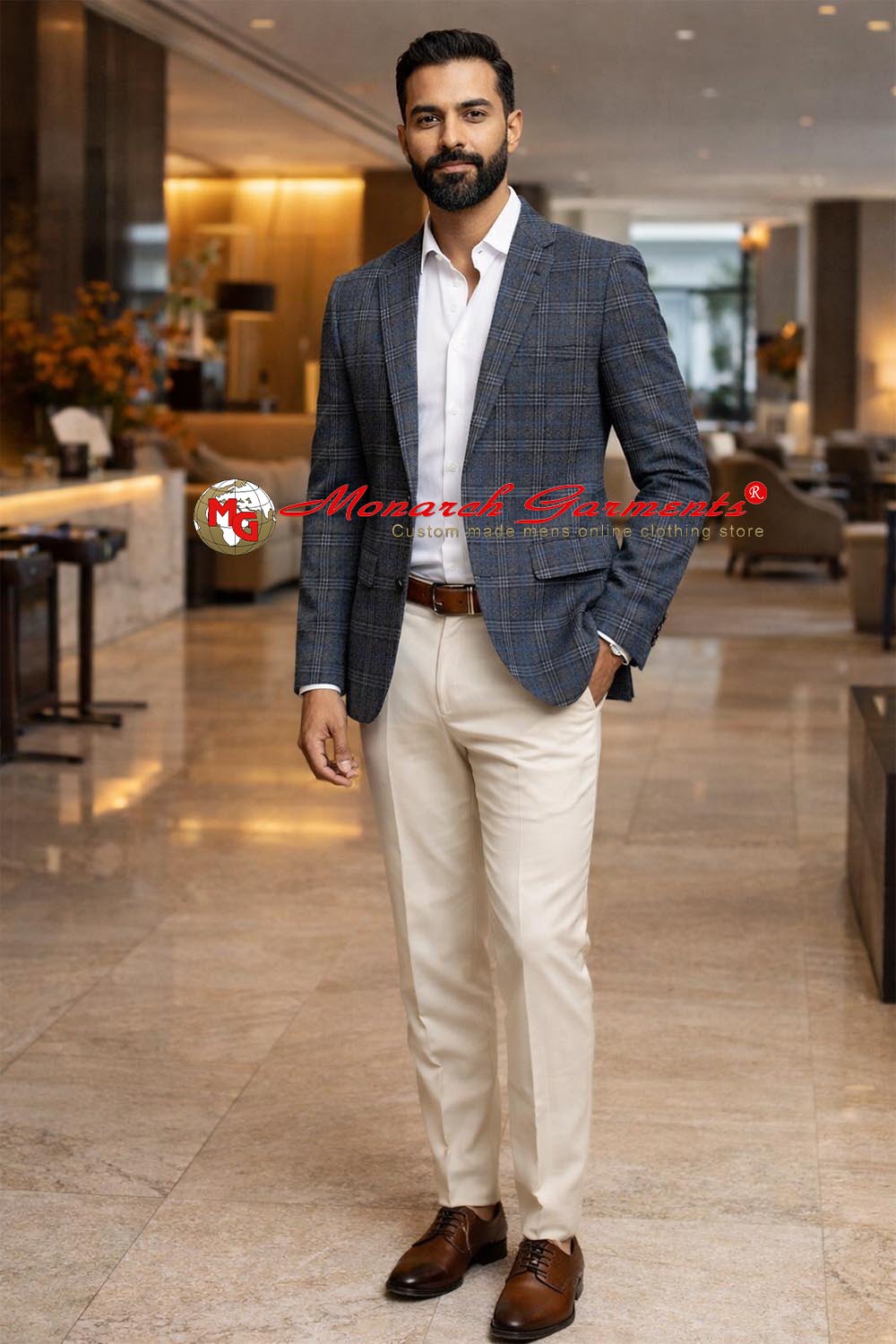 Men wearing blue grey plaid sport jacket with white shirt and beige trousers for semi formal and business casual look