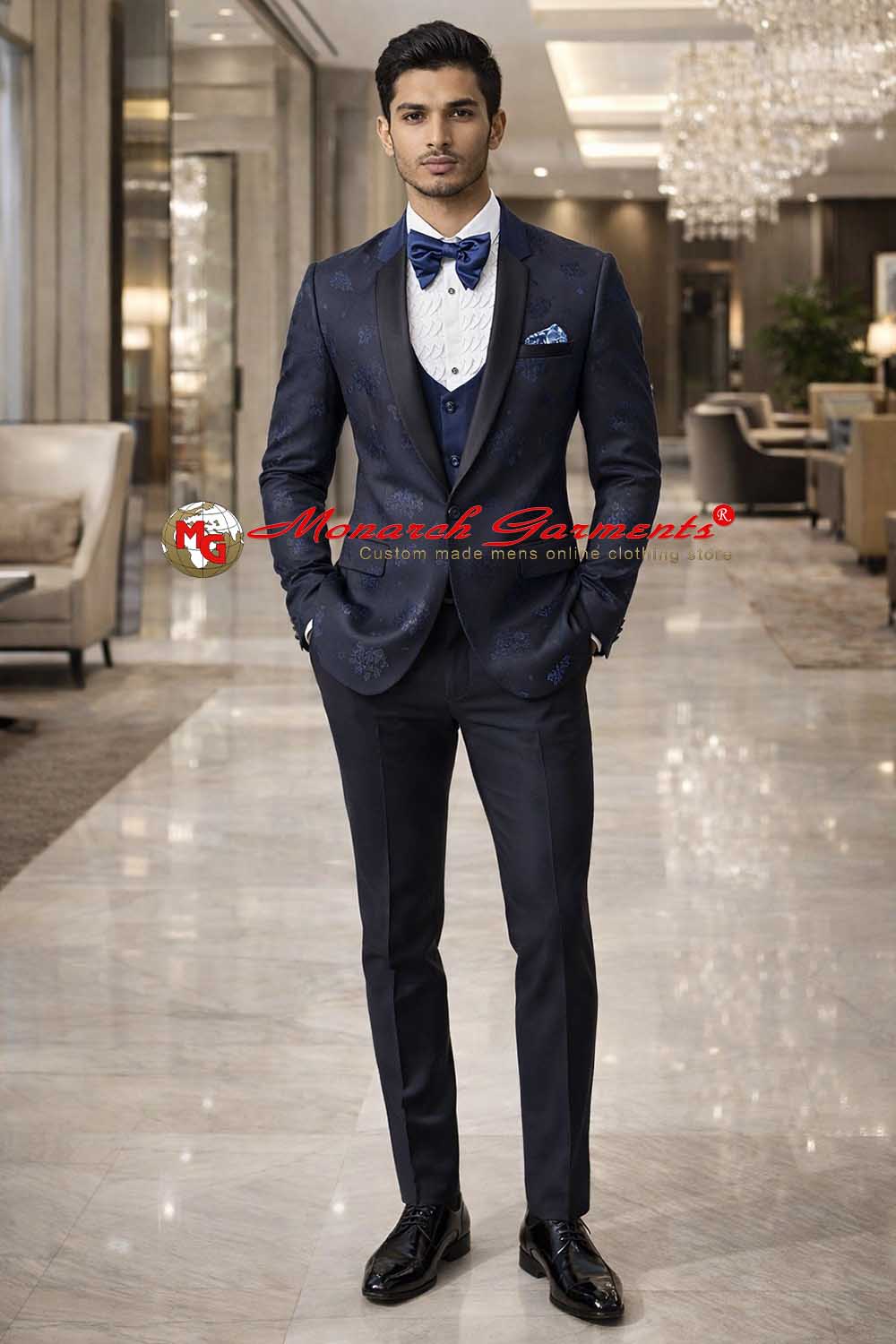 Blue grey tuxedo suit for men slim fit formal wear with vest and black trousers