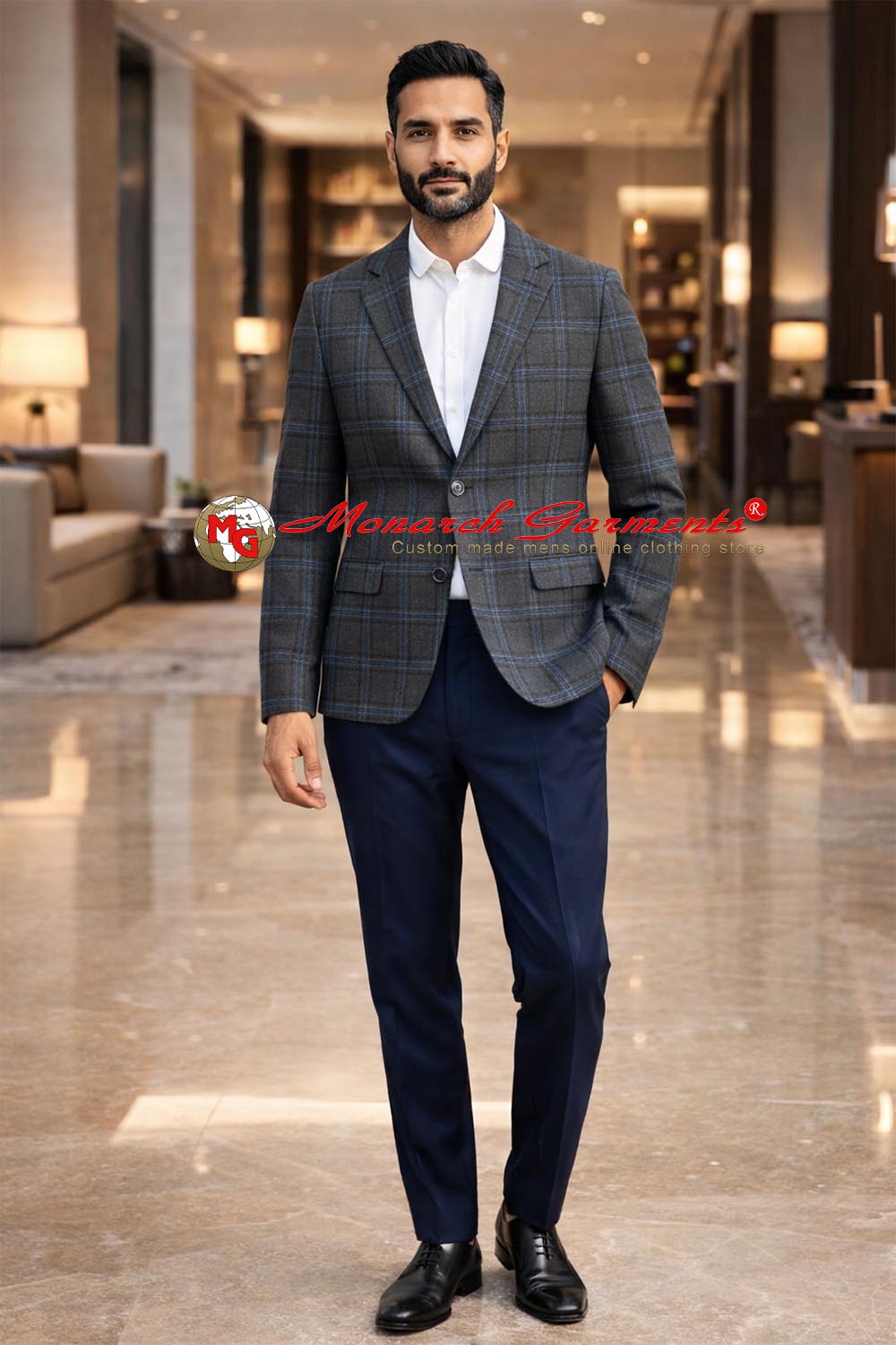 Men wearing blue grey windowpane sportcoat blazer with white shirt for business and formal office wear