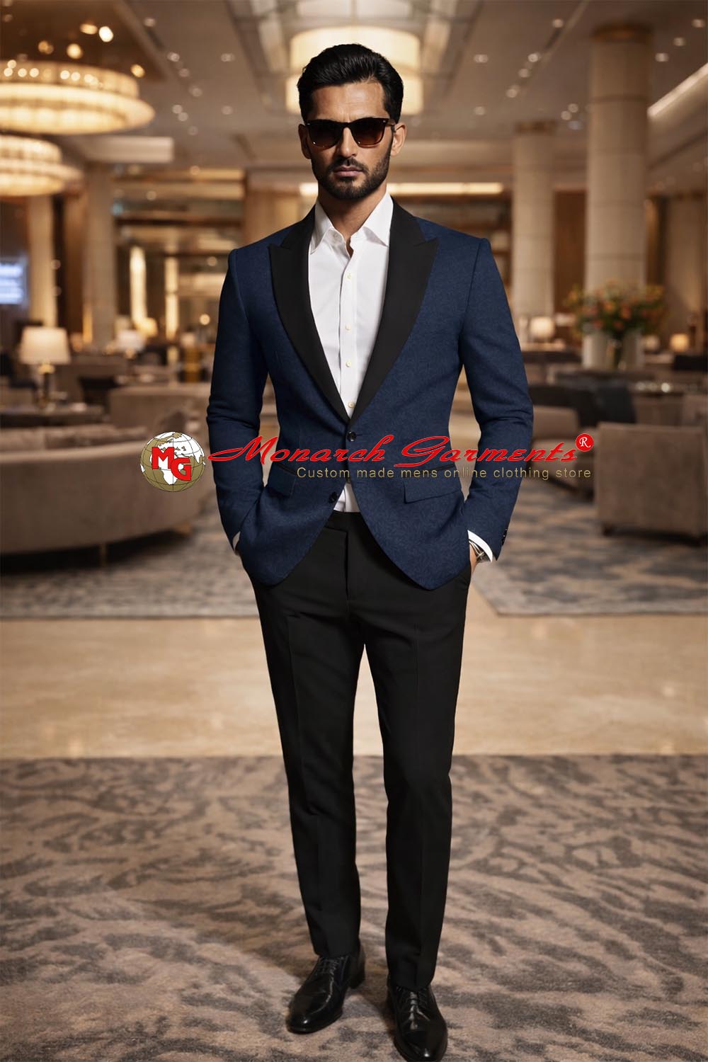 Men wearing blue jacquard blazer with black satin peak lapel for wedding and formal events India