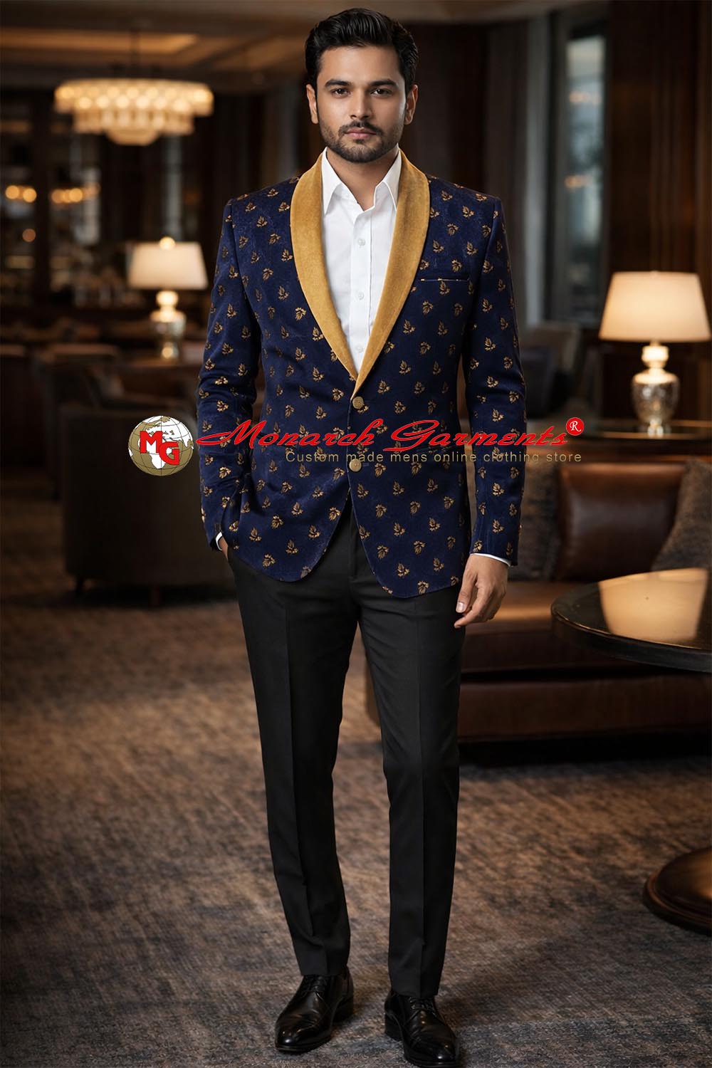 Men's blue jacquard blazer with gold velvet shawl collar by Monarch Garments