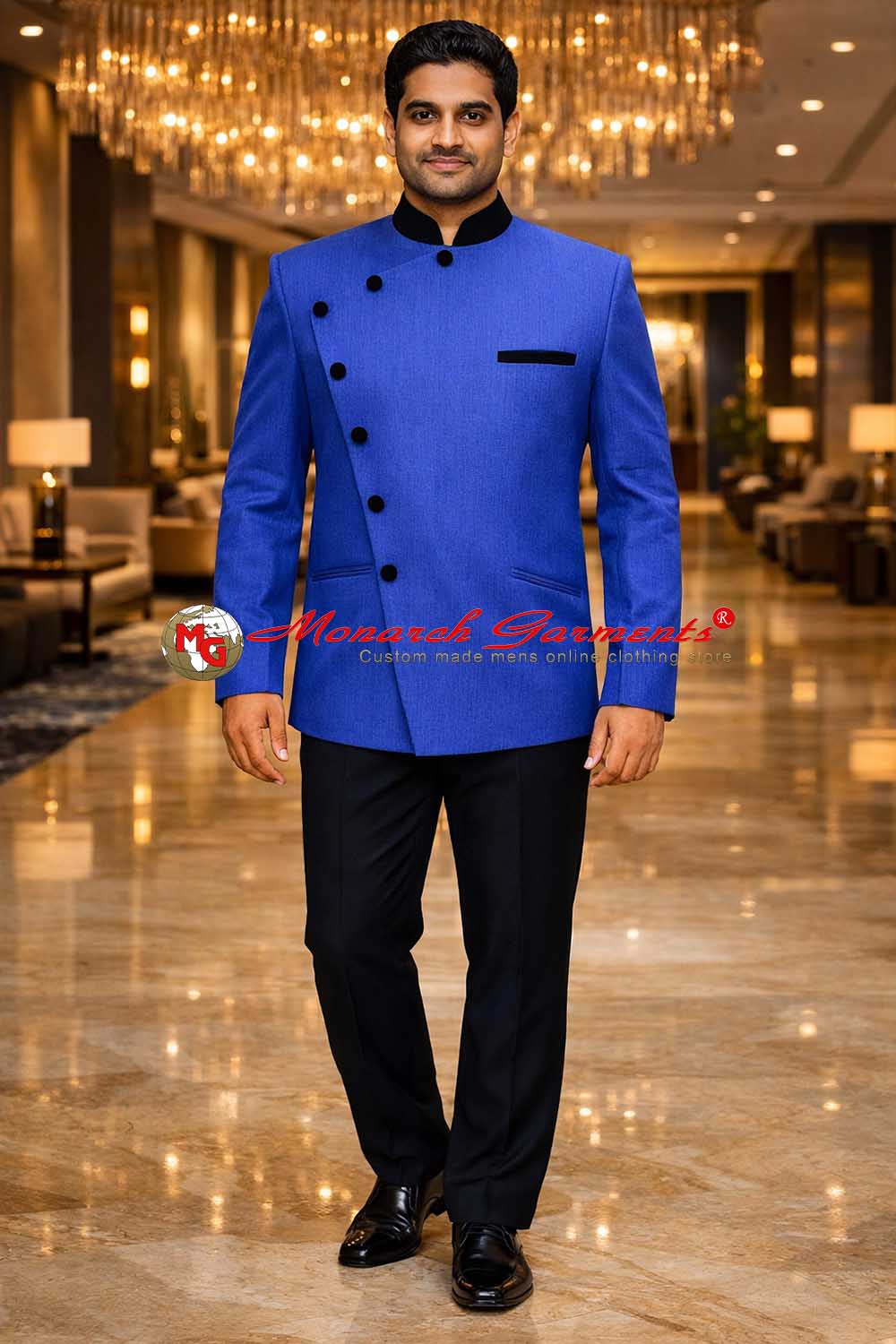 Men’s blue linen angrakha style Jodhpuri suit with black velvet trim and black trousers by Monarch Garments for Indian weddings