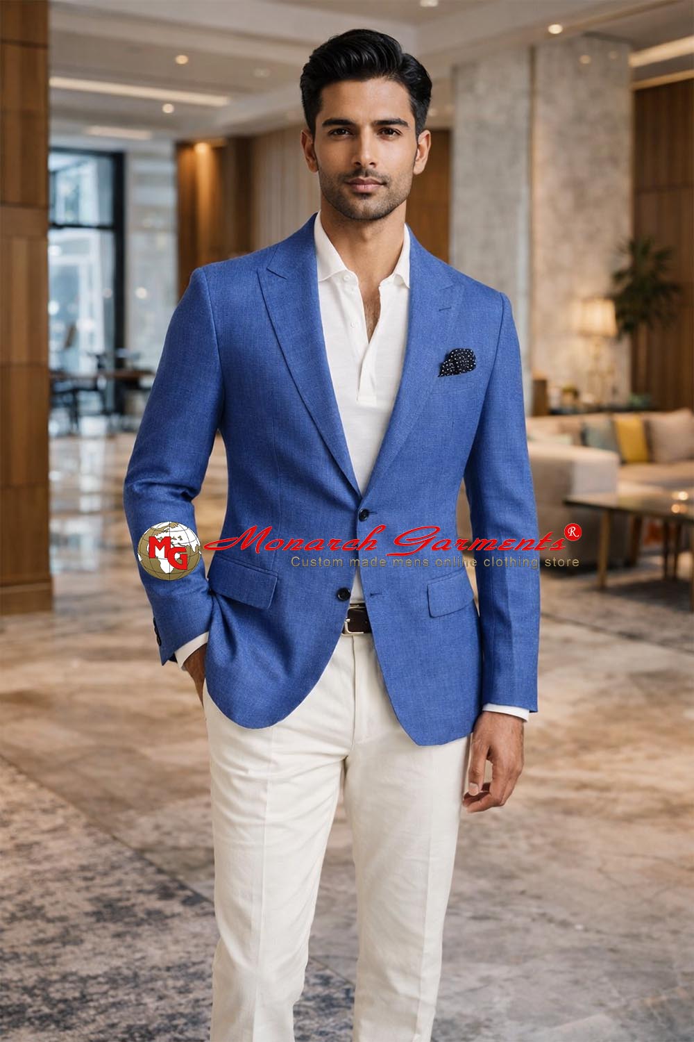 Men wearing blue linen blazer with peak lapel for casual and semi formal occasions India