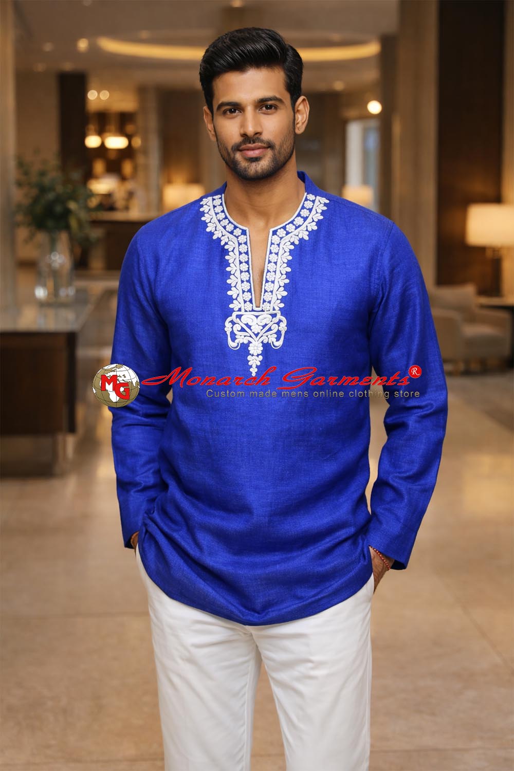 Blue linen embroidered tunic for men V neck summer wedding ethnic wear India
