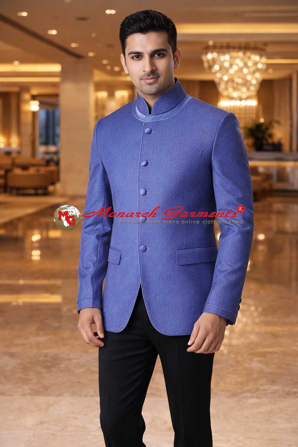 Blue Nehru collar suit for men slim fit designer wedding formal outfit