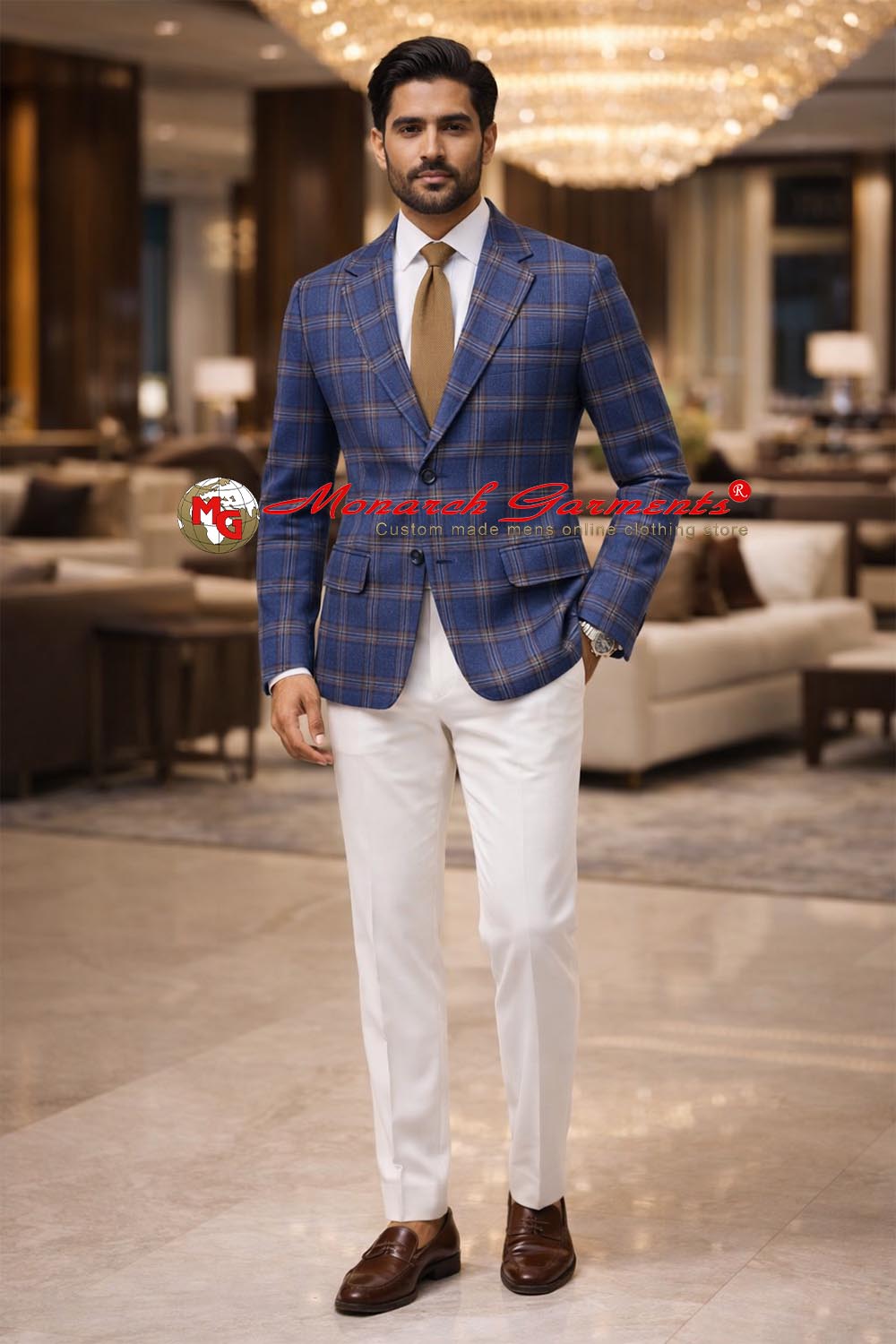 Men wearing blue orange checkered sport jacket with tie for smart casual and party wear India