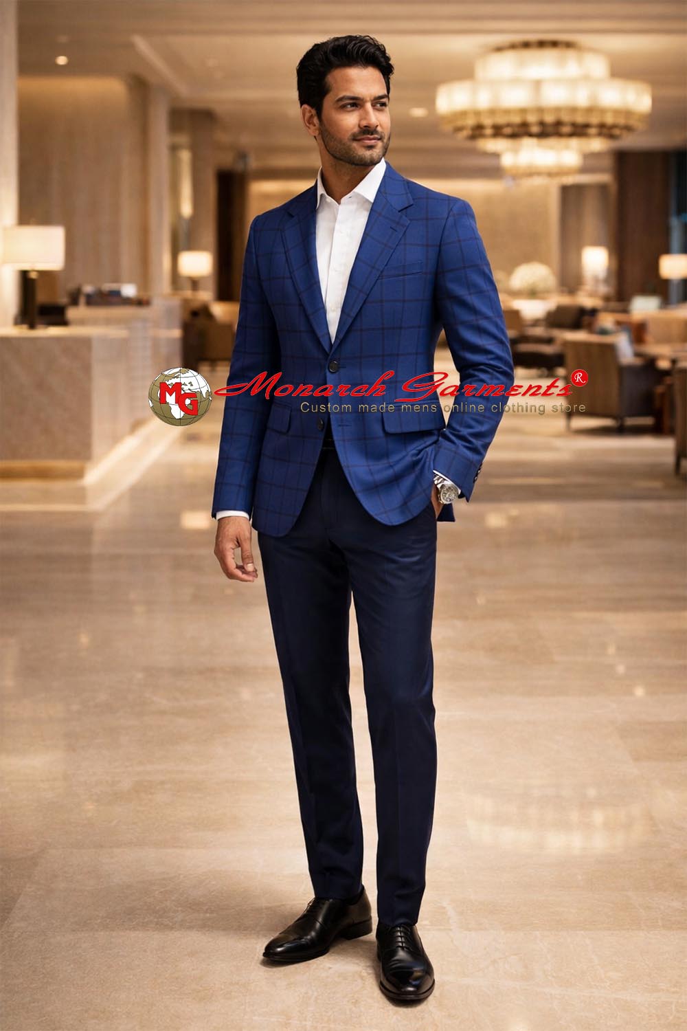 Men wearing blue plaid check blazer with white shirt for smart casual and semi formal occasions