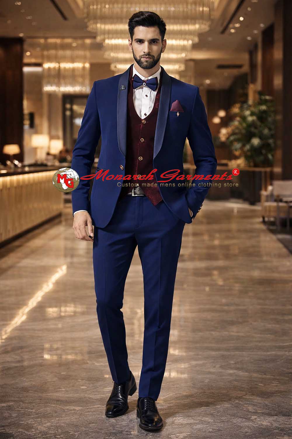 Blue shawl lapel tuxedo suit for men slim fit designer wedding formal outfit