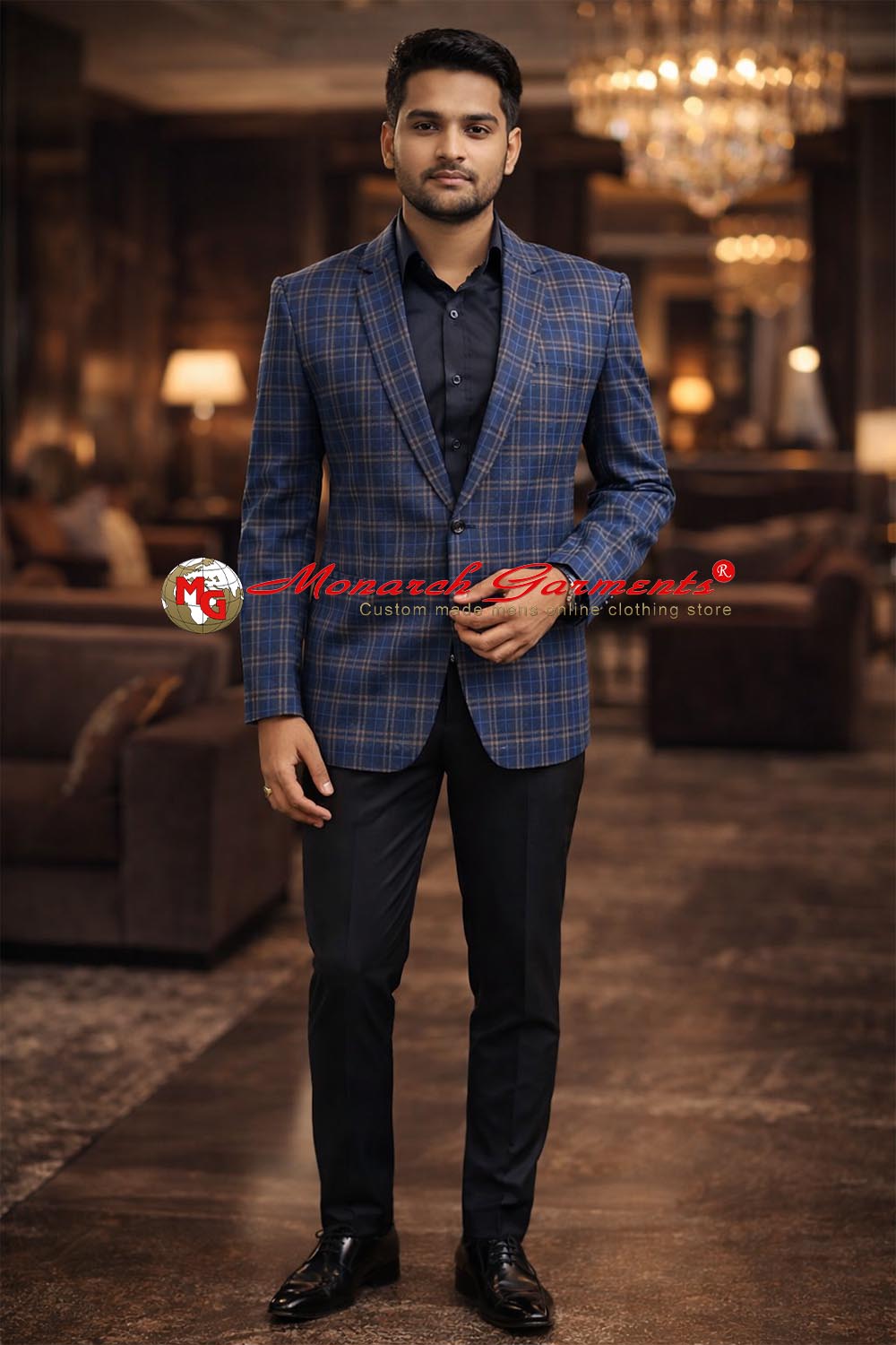 Men's blue tweed look two button notch lapel blazer by Monarch Garments