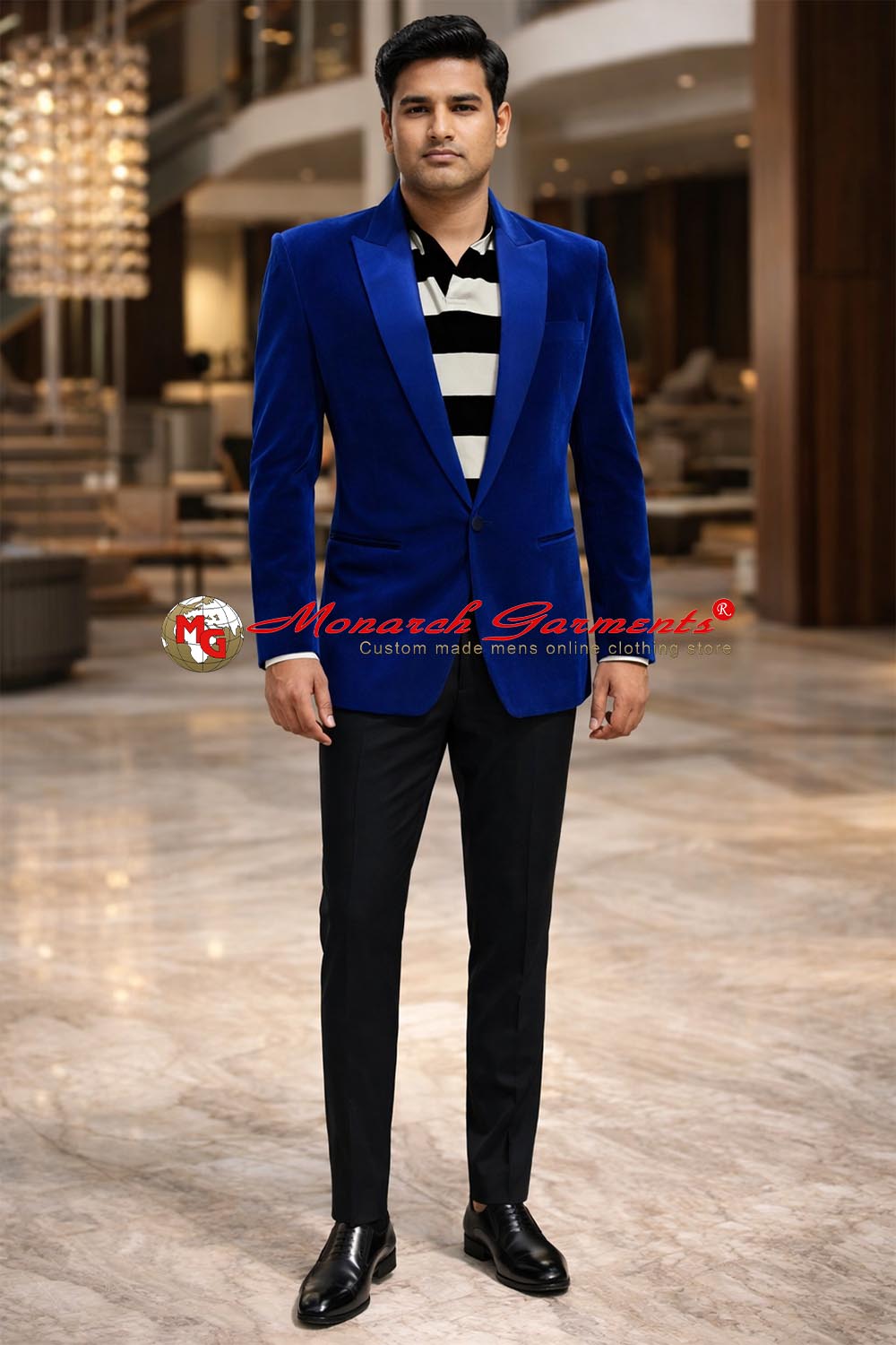 Royal blue velvet slim fit blazer for men by Monarch Garments