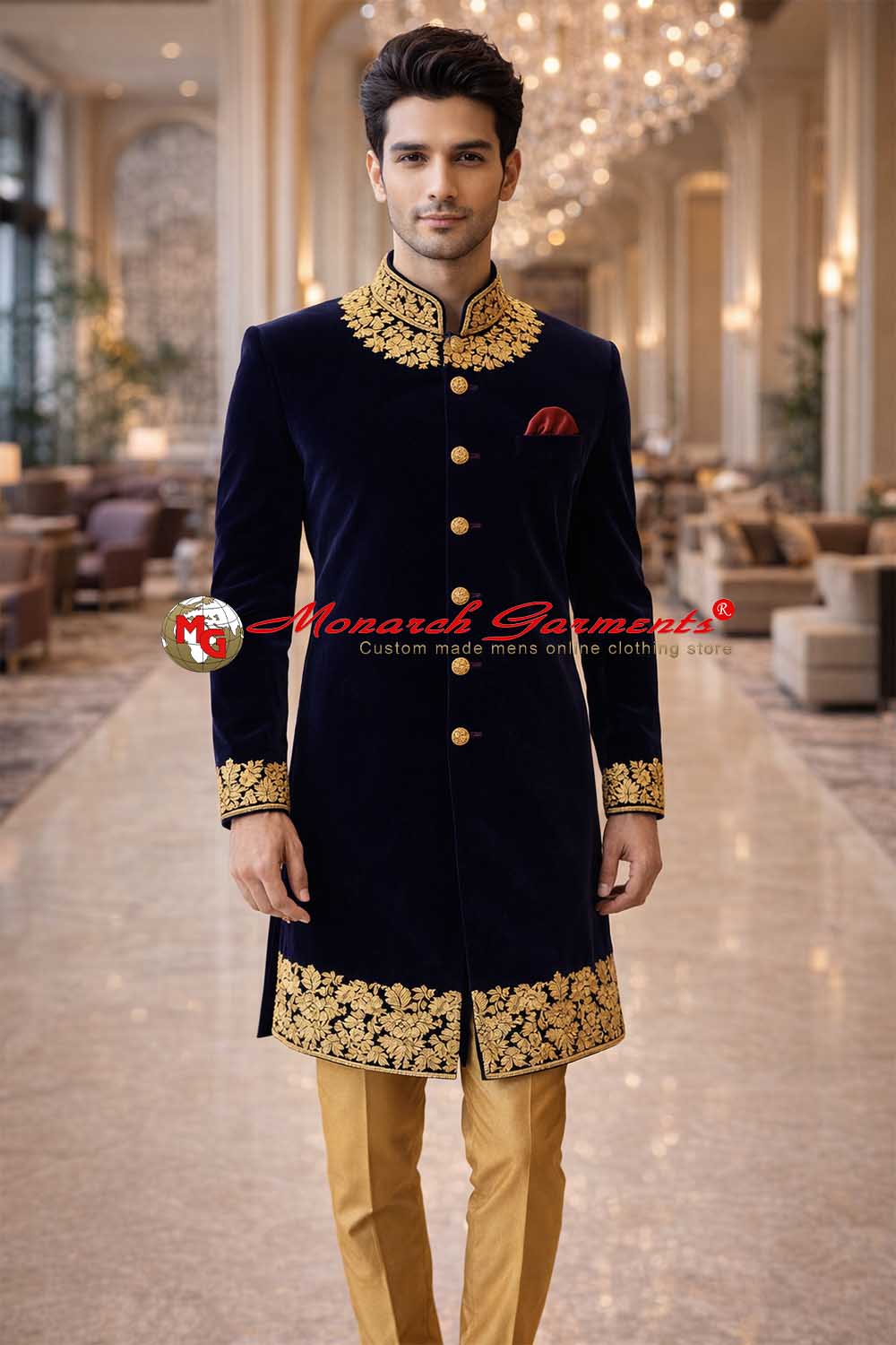 Royal blue velvet Indo Western sherwani for men with golden embroidery and dupion pyjama for wedding wear