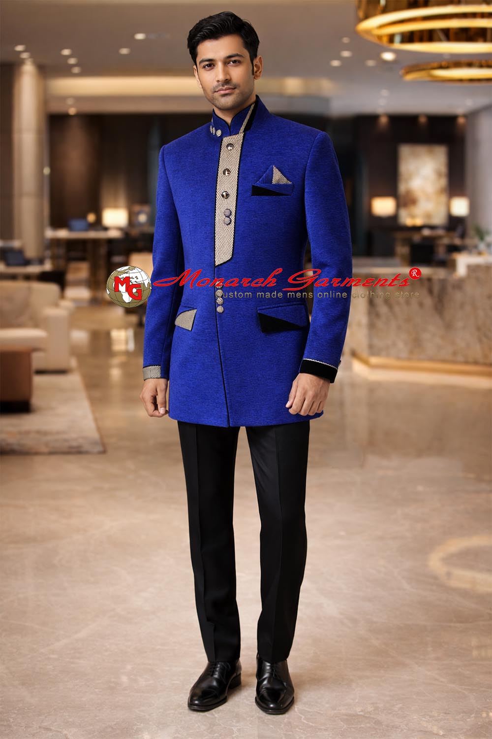 Blue velvet Jodhpuri suit for men with cream and black patch work bandhgala by Monarch Garments India