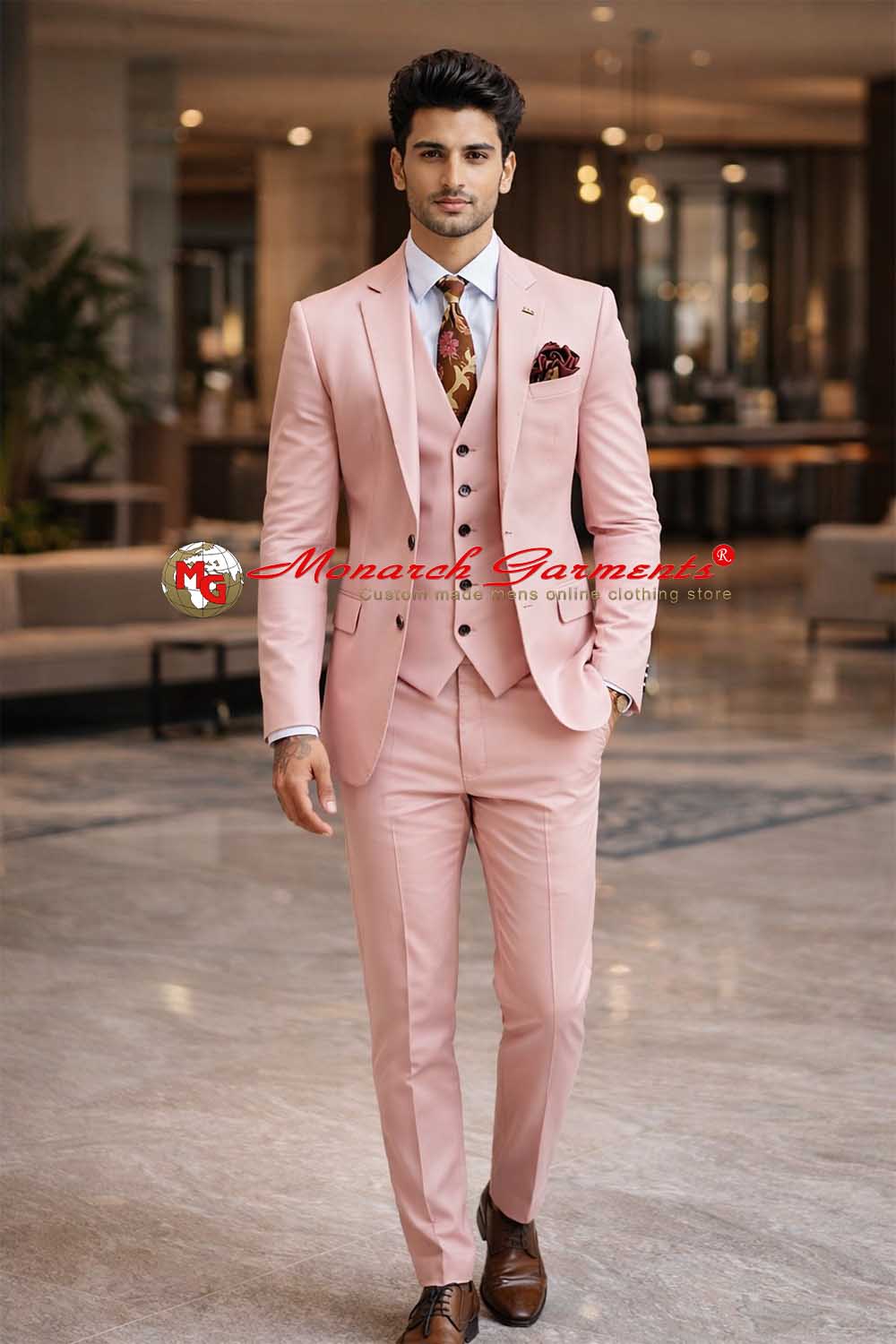 Blush pink 3 piece suit for men slim fit wedding wear India