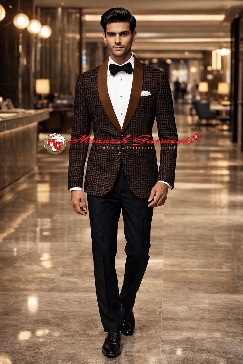 Men’s bronze and black check velvet slim fit blazer with satin shawl lapel by Monarch Garments