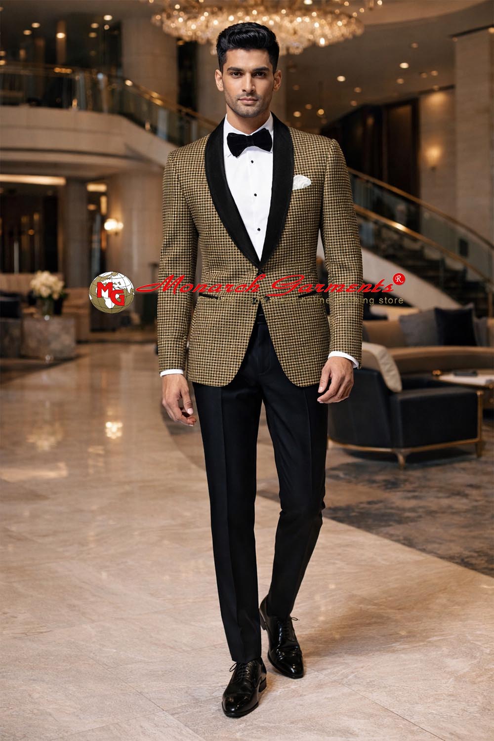 Men’s bronze check slim fit satin shawl lapel formal blazer by Monarch Garments