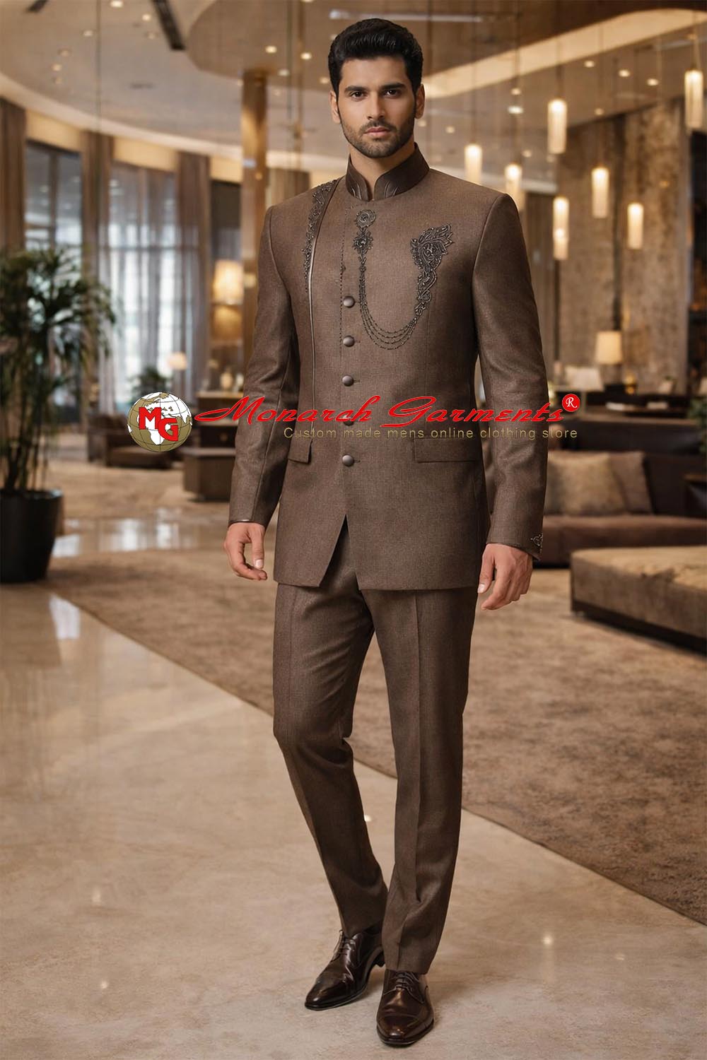 Bronze hand embroidered Jodhpuri bandhgala suit for men with decorative chain embroidery, luxury Indian wedding outfit by Monarch Garments