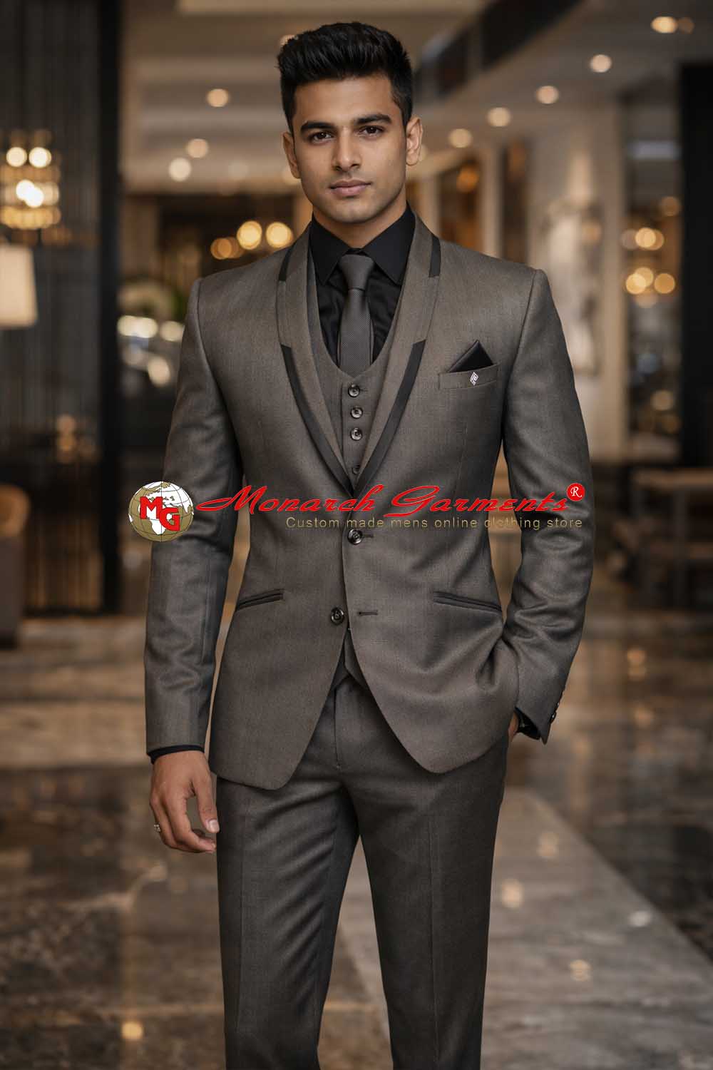 Bronze tuxedo suit for men slim fit shawl lapel three piece wedding outfit