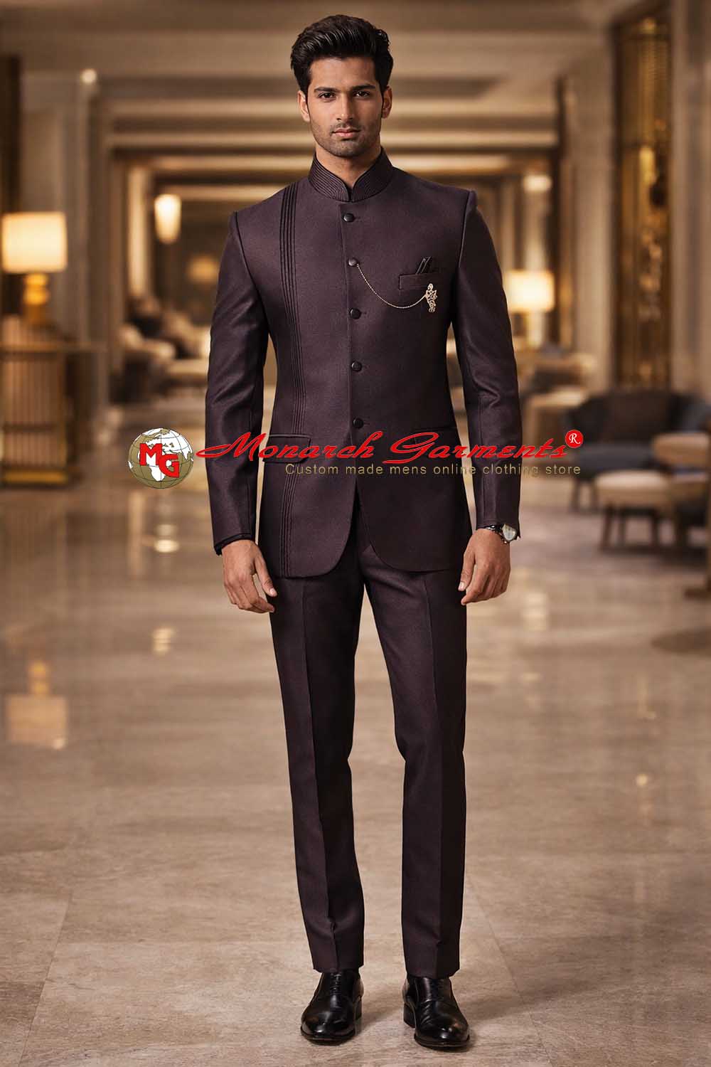 Brown angrakha style tuxedo suit for men slim fit indo western wedding outfit