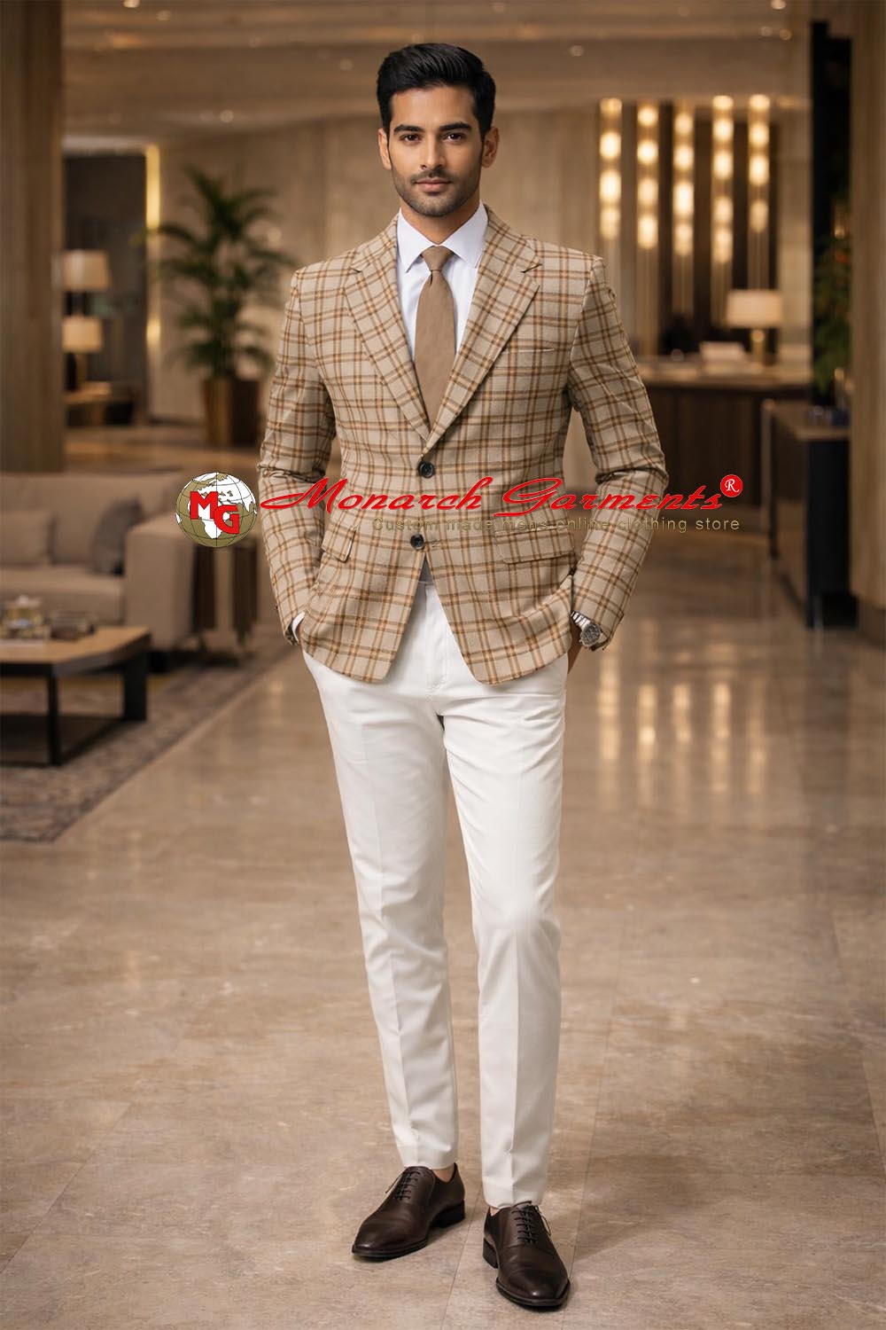 Men wearing brown checkered sport coat blazer with tie for smart casual and semi formal outfit India